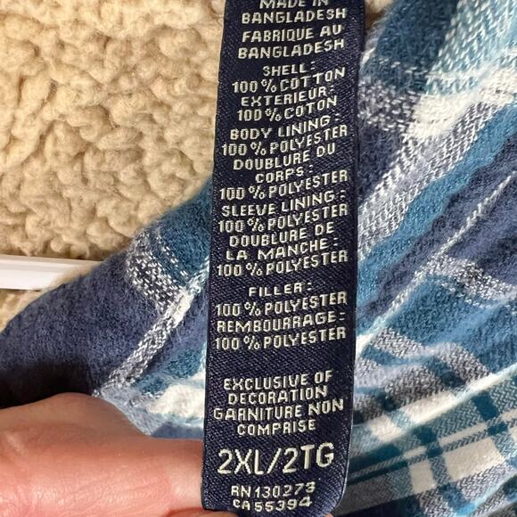 Wrangler Mens Sherpa Lined Flannel Shacket Blue Plaid Jacket 2XL - Picture 4 of 10